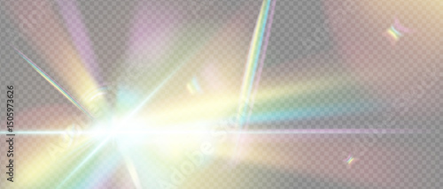Prism light flare with rainbow glow and crystal refraction. Iridescent abstract effect with sparkle, glare and soft beam. Transparent vector overlay for product or magic design.