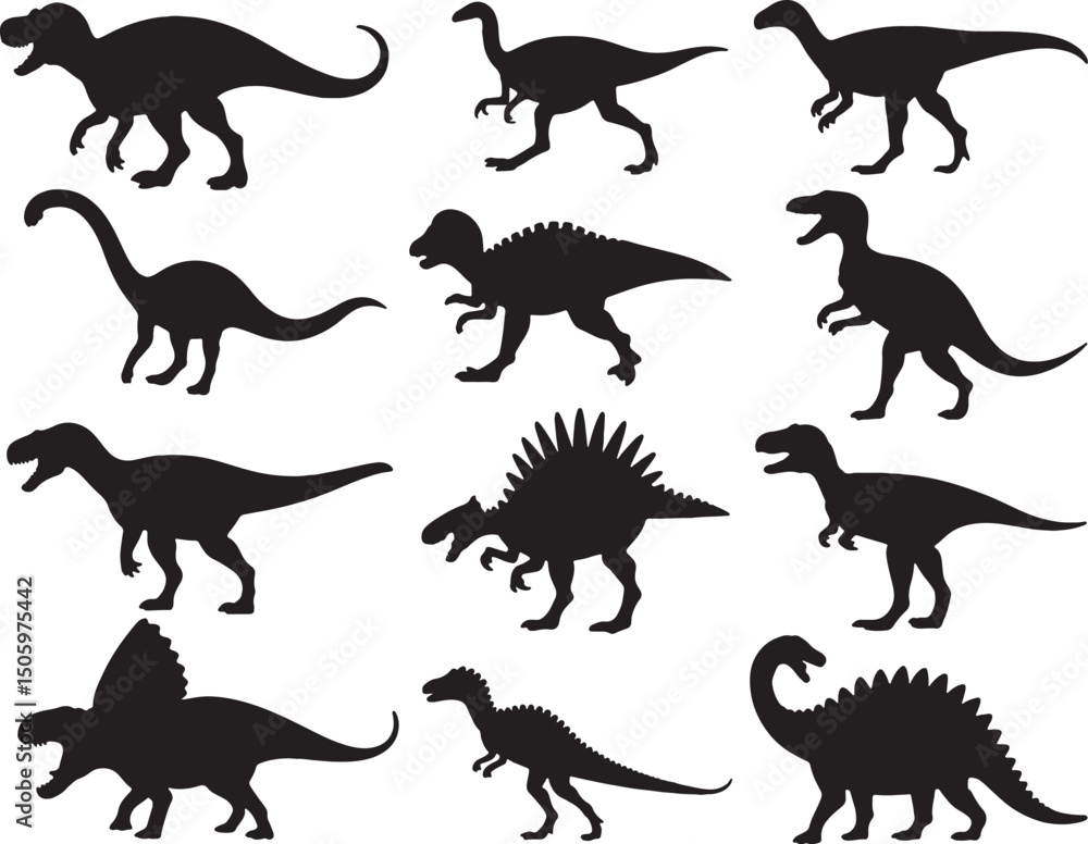 Twelve silhouettes of prehistoric dinosaurs Twelve silhouettes of prehistoric dinosaurs