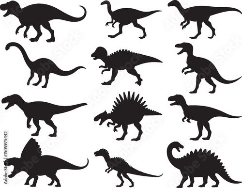 Twelve silhouettes of prehistoric dinosaurs