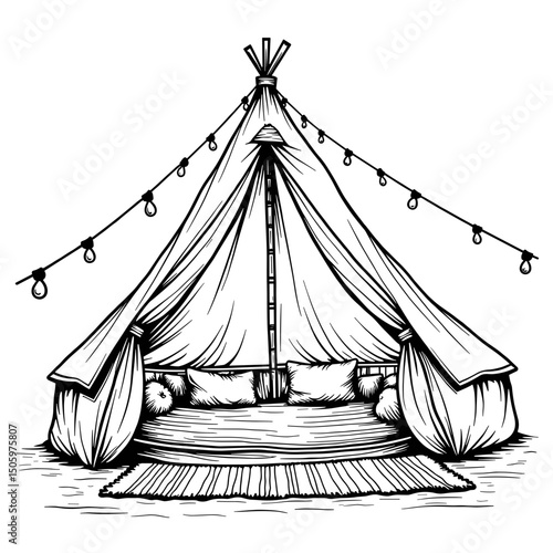 Charming glamping tent with fairy lights and cushions, cozy retreat