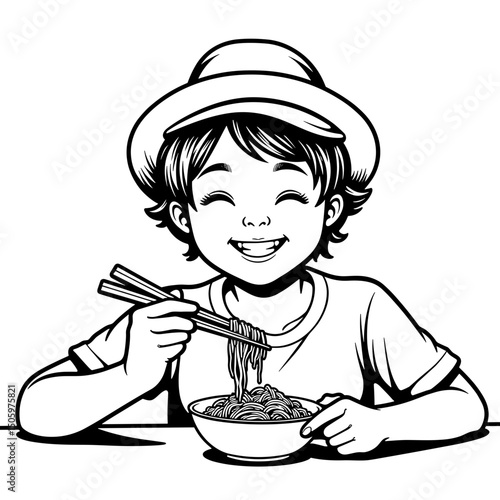 Happy tourist enjoying local food with chopsticks, culinary adventure