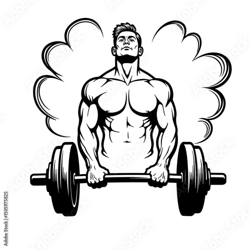 Strong weightlifter lifting barbell with chalk cloud, fitness inspiration