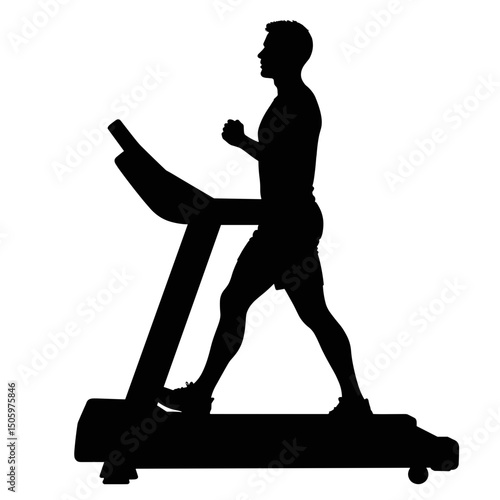 Silhouette of a person jogging on treadmill in black and white, fitness