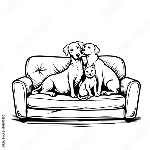 Dog and cat cuddling on couch, family togetherness
