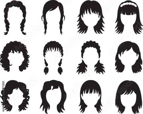 Twelve silhouettes of womens hairstyles black and white