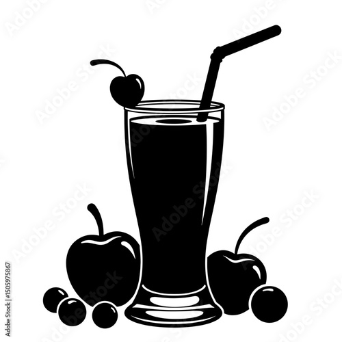 Black and white smoothie with fruit and straw, healthy lifestyle