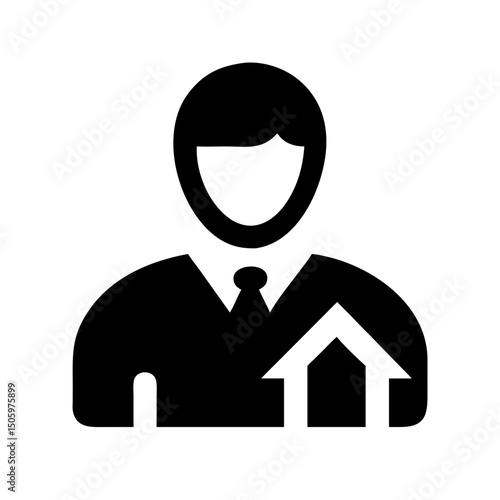 Real Estate Agent with House Icon: Black icon of a real estate agent holding a house, great for realty branding, property management, and real estate service websites.