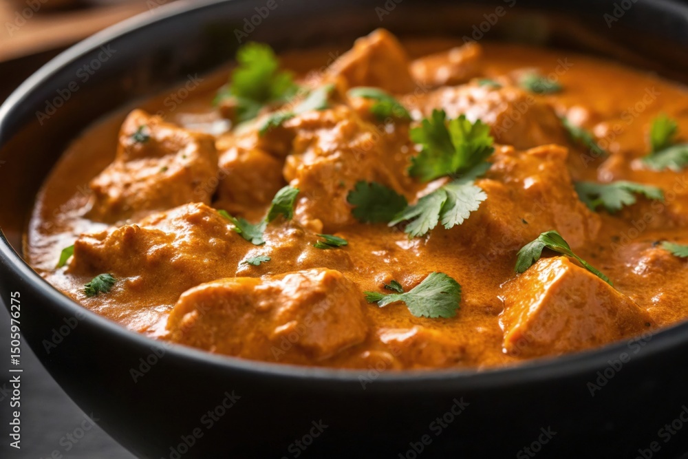 Delicious chicken tikka masala in a black bowl close up view Delicious chicken tikka masala in a black bowl close up view
