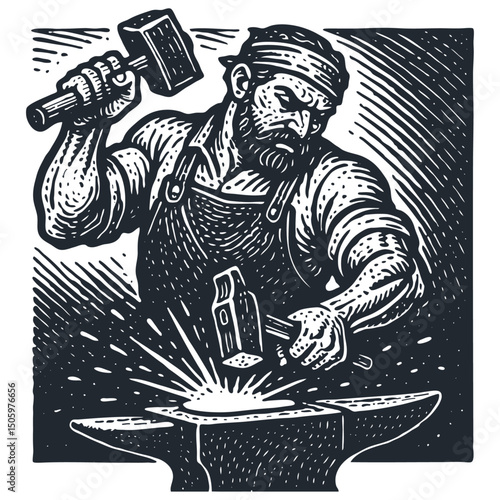 Muscular blacksmith with bandana and apron forges glowing metal on an anvil with a hammer. Vintage woodcut/engraving style vector. B&W. Craftsmanship.