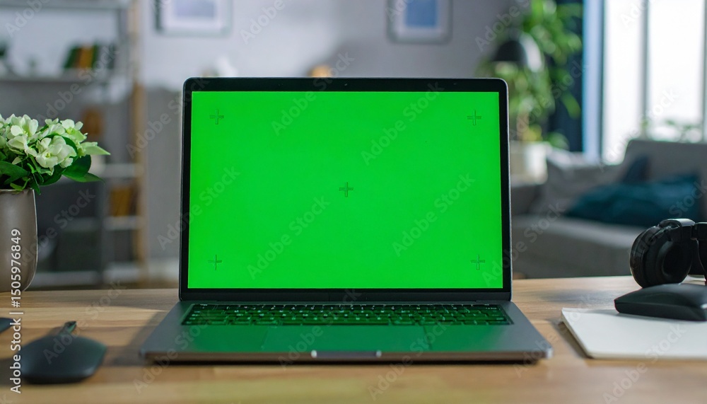 Modern Laptop Green Screen Mockup Home Office Workspace Desk Clean Video Design Studio Device Modern Laptop Green Screen Mockup Home Office Workspace Desk Clean Video Design Studio Device