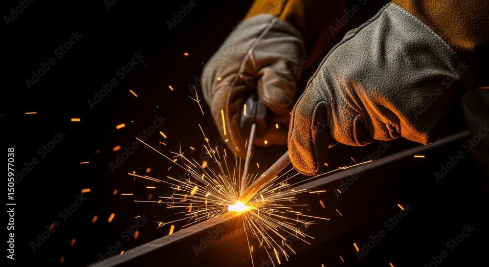 Skilled technician in protective gloves is welding metal, creating bright sparks and intense light in a dark workshop, showcasing craftsmanship and dedication to metalworking Skilled technician in protective gloves is welding metal, creating bright sparks and intense light in a dark workshop, showcasing craftsmanship and dedication to metalworking