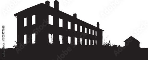 Silhouette of Abandoned Building and Small House