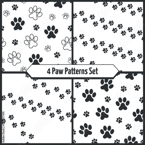 Pet Paw and Footprint Pattern Set - 4 Black and White Patterns of Pet Paws and Footprints. Seamless Link.