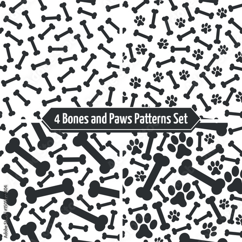 Black and White Dog Bones and Paws Pattern Set - 4 Patterns of Messy Silhouettes of Bones and Footprints. Seamless Link.