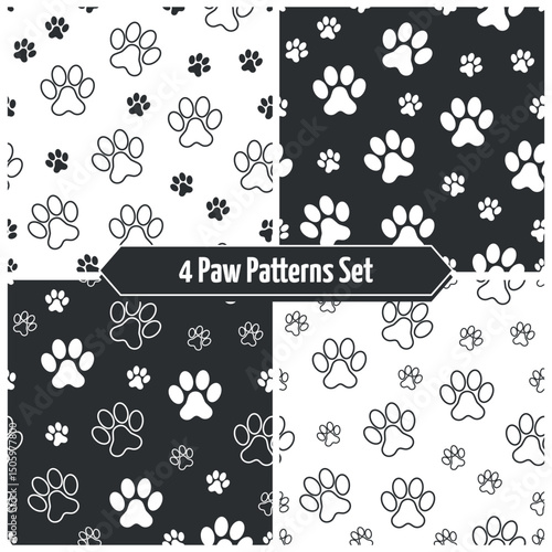 Paw Pet Pattern Set - 4 Black and White Patterns of Pet Paw Footprints. Seamless Link.