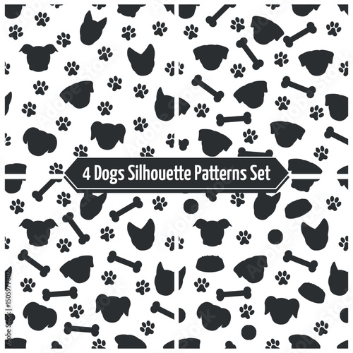 Dogs Silhouette Patterns Set - 4 Black and White Dog Patterns with Footprints, Bones, Dog Food and Balls. Seamless Link.