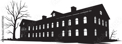 Silhouette of a Large Old Building with Bare Trees