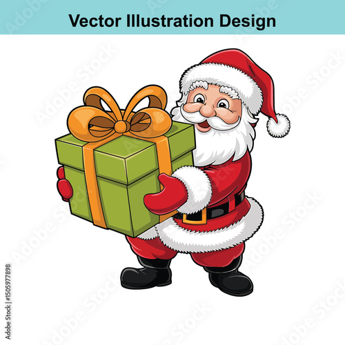 Cartoon Santa Claus Carrying a Green Present with an Orange Ribbon Vector Illustration