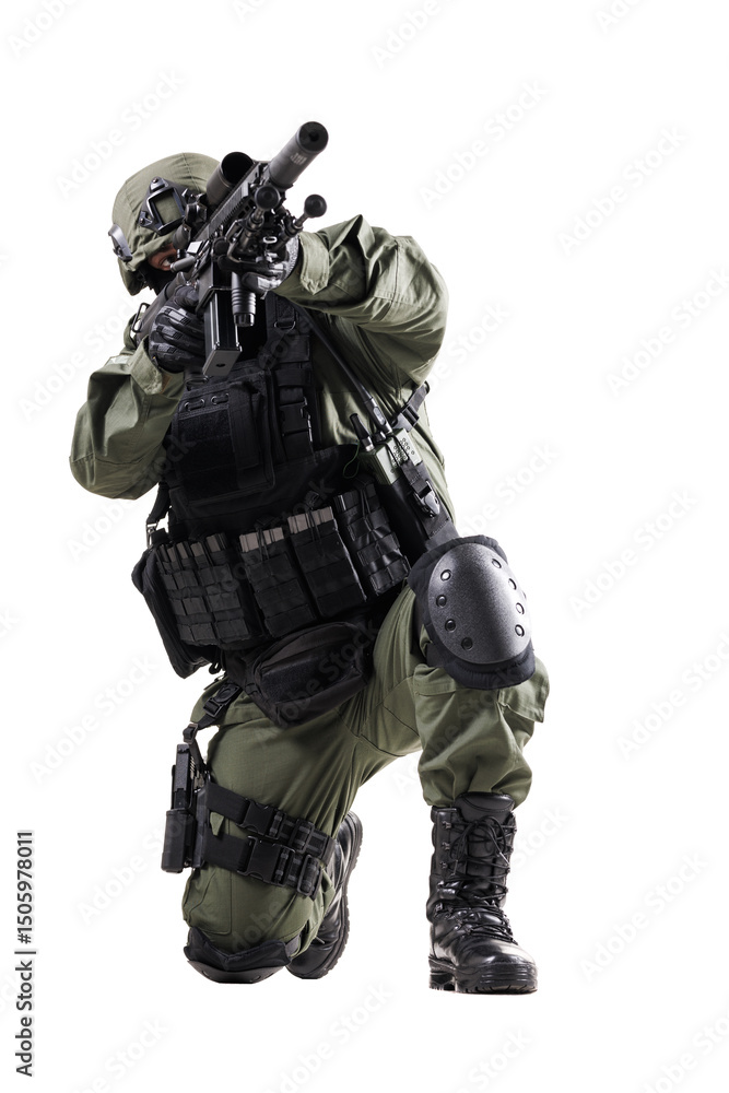 Tactical Operator in Action with Rifle Wearing Protective Gear During a Strategic Mission Tactical Operator in Action with Rifle Wearing Protective Gear During a Strategic Mission