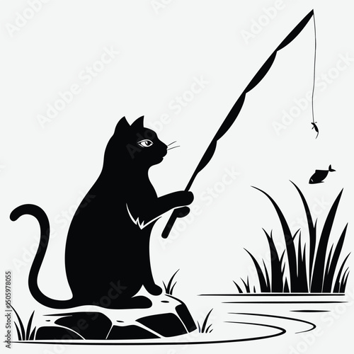 Silhouette of a cat fishing by the pond with a rod and fish  image design vector art and illustration	
