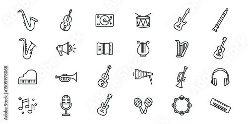 Musical Instruments outline or line icon design bundle.
