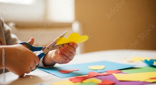 Child using scissors to cut colorful paper shapes on a table, surrounded by various paper pieces, showcasing creativity and artistic expression in a playful environment