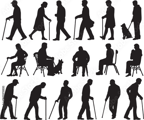Silhouettes of elderly people walking sitting with canes dogs
