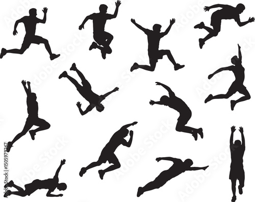 Silhouettes of men in various athletic jumps