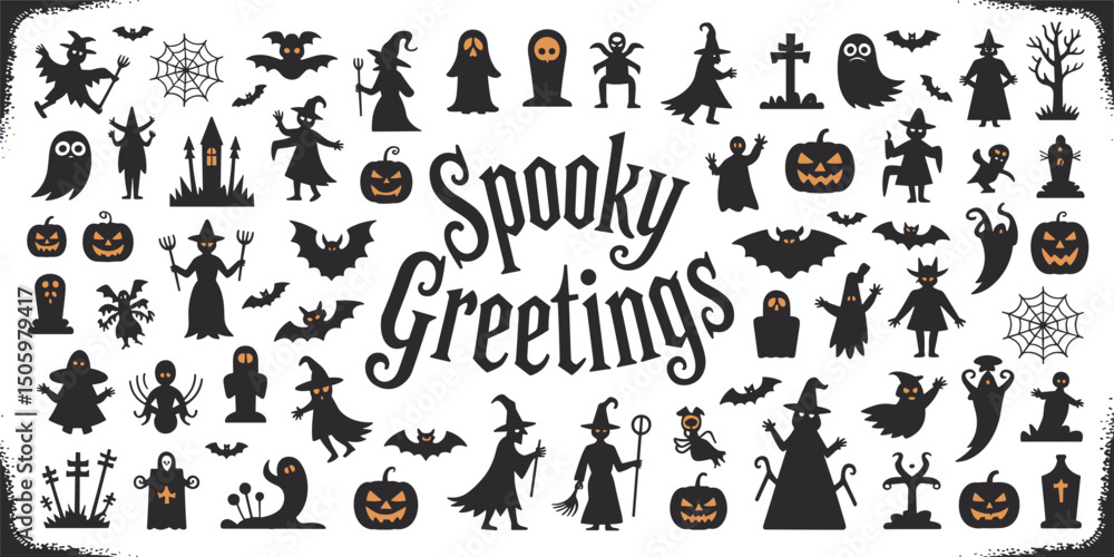 Fototapeta premium High-quality Halloween vector illustration featuring spooky and fun design elements including ghosts, jack-o'-lanterns, bats, witches, skulls, and spider webs. Perfect for seasonal design projects suc