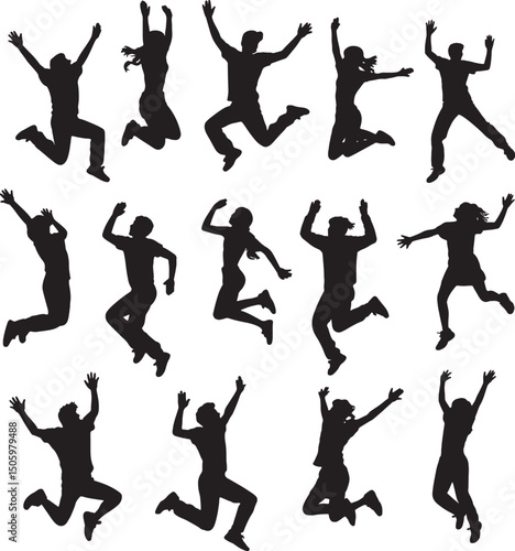 Silhouettes of happy people jumping joyfully