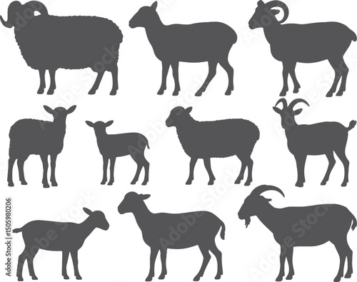 Sheep goat silhouettes farm animals livestock gray