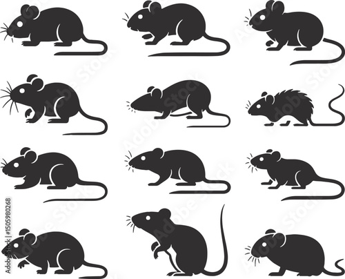 Collection of black silhouette mice illustrations