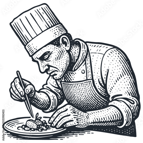 Chef in toque and apron meticulously garnishes food on a plate. Professional cook at work. Vintage engraving style vector illustration. Isolated. B&W.