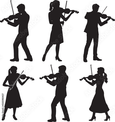 Silhouettes of violinists playing musical instruments