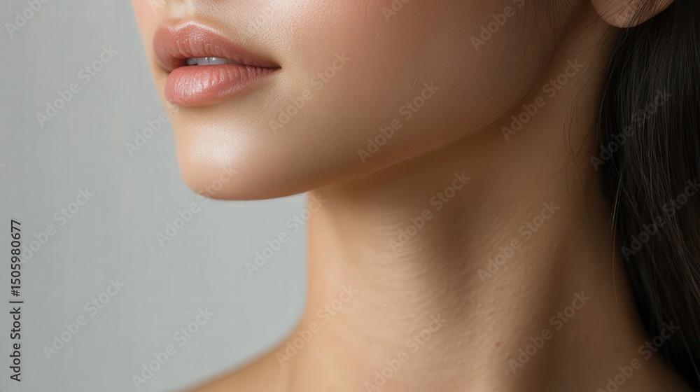 Close-up view of a woman's smooth neck and jawline. Close-up view of a woman's smooth neck and jawline.