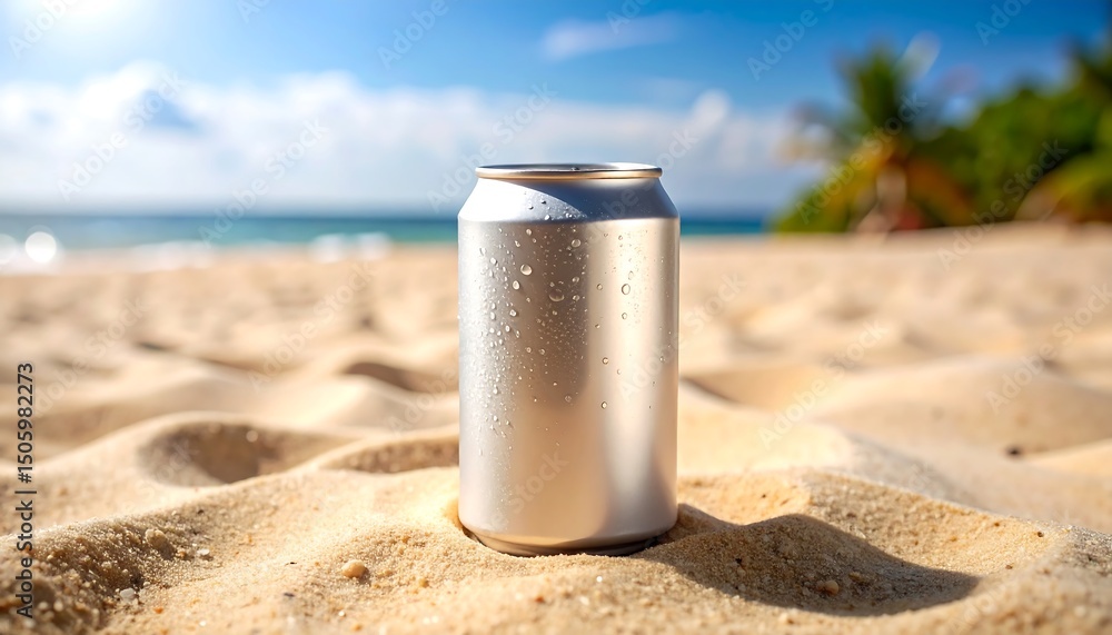 Refreshing Cold Drink Can on a Tropical Beach Refreshing Cold Drink Can on a Tropical Beach