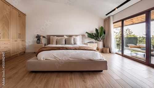 cozy bedroom with large bed and modern laminate flooring design