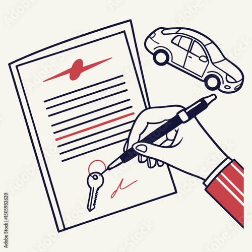 A flat design vector illustration depicting a hand signing a document (represented by stylized lines). A small car icon and a key icon are placed nearby, symbolizing the finalization of a car purchase