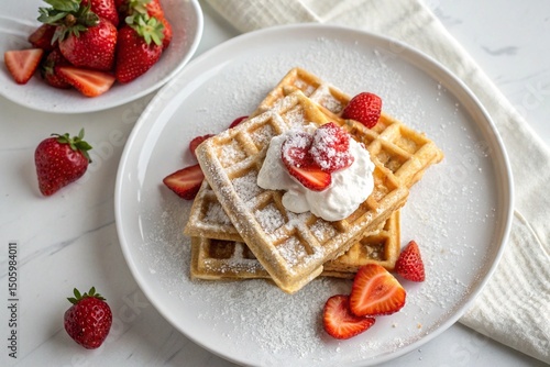Fluffy waffles with whipped cream and strawberries breakfast
