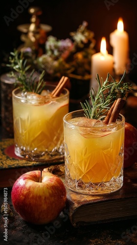 Warm Apple Cider Cocktails With Cinnamon and Rosemary on a Rustic Table at Night