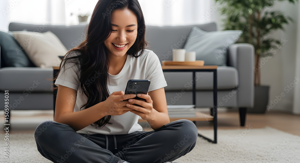 Obraz premium Smiling Asian woman with long dark hair using a black smartphone