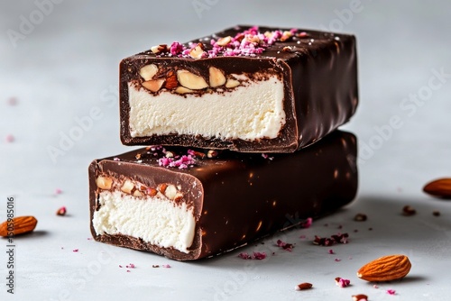 Delicious Chocolate-Covered Ice Cream Bars With Nuts and Creamy Filling on Ta...