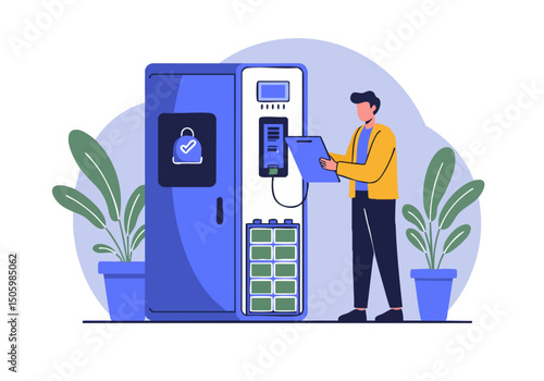 A man interacts with a battery durability kiosk, showcasing modern technology and a focus on product longevity. Clean, bright, and professional.
