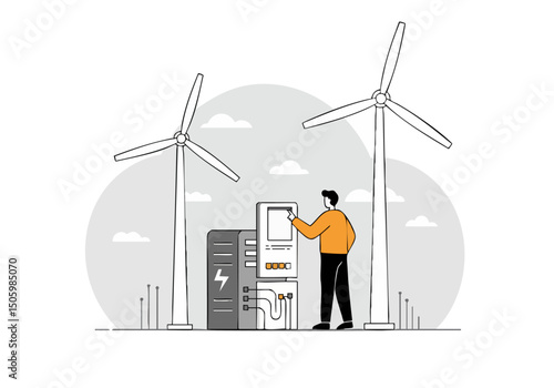 A man interacts with a wind turbine control panel, symbolizing renewable energy. Modern illustration with a stylized background. Clean, graphic style.