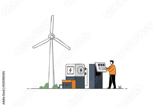 A man monitors an energy storage system near a wind turbine. Modern illustration depicting renewable energy and technology. Clean, graphic style.