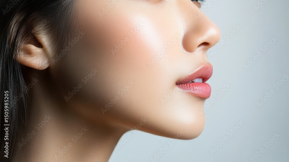 Close-up profile view of a young woman's face. Close-up profile view of a young woman's face.
