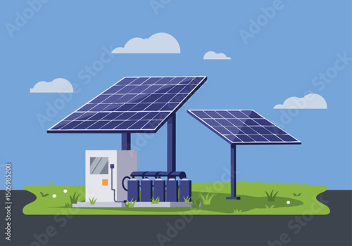 Modern solar farm illustration featuring photovoltaic panels and battery storage. Clean, bright design ideal for green energy concepts and marketing materials.