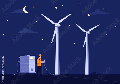 A nighttime scene featuring wind turbines and a technician monitoring a backup system. A stylized illustration evokes renewable energy and technological maintenance.  Modern, dark, and atmospheric.