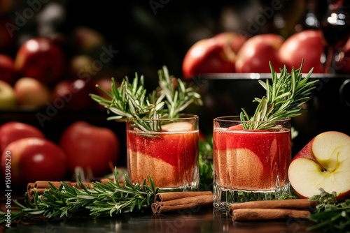 Refreshing Fall Cocktails With Apple Slices and Cinnamon on a Rustic Table.