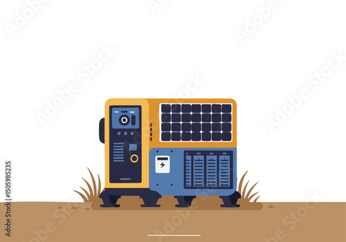 A modern solar power generator stands outdoors, bathed in sunlight. Clean lines and a bright color scheme highlight sustainable energy. Ideal for illustrating renewable resources.